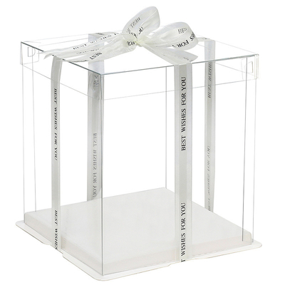 High quality clear acrylic square plastic cake box packaging with ribbon