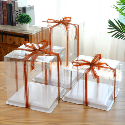 High quality clear acrylic square plastic cake box packaging with ribbon