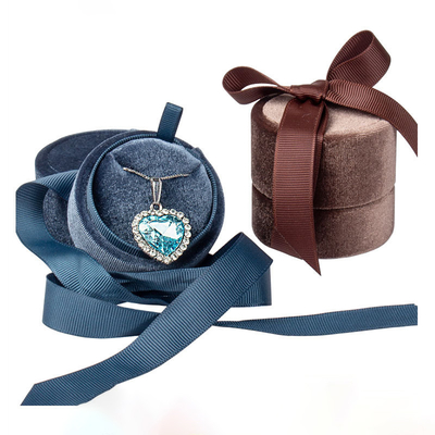 Custom Jewelry Round Packaging Boxes Ring Earring Necklace Velvet Gift Box With Ribbon